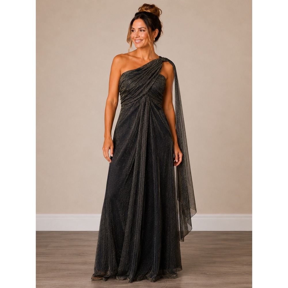Alex Evenings Womens Metallic One Shoulder Draped Gown Black‎ Gold Size 6